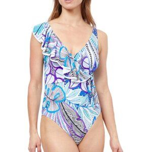 Profile By Gottex Tropic Boom V-Neck Surplice Ruffle One Piece Swimsuit 10 $154